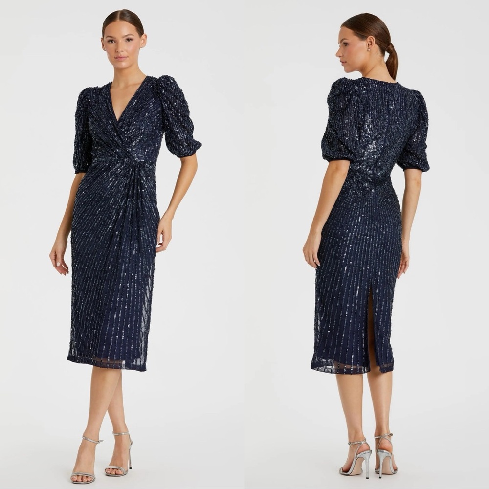 Mac Duggal 5578 Navy Sequined V-Neck Short Puff Sleeve Midi Dress NWT